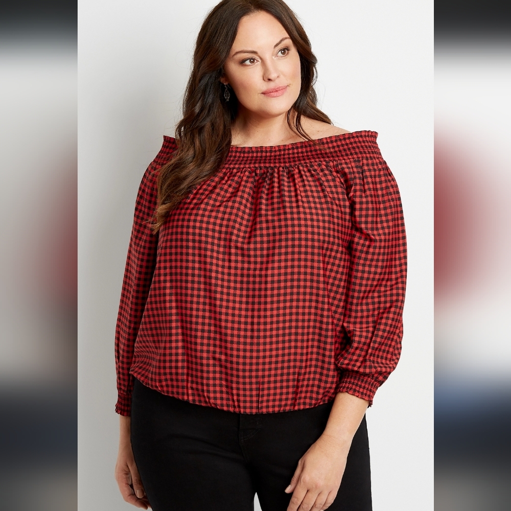 Off the shoulders buffalo plaid top